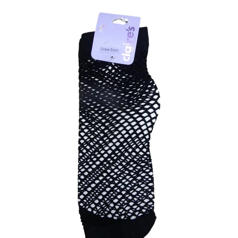 Claire's Crew Socks Ladies One Size Black New Fishnet Mesh Net Ankle Socks